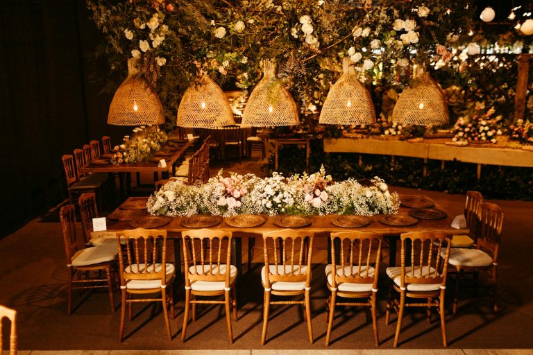 Restaurant Hall with Wooden Furniture Decorated for a Celebration